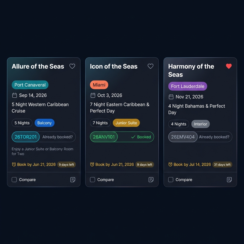 Dashboard showing cruise sailing cards with offer codes, room types, and booking status