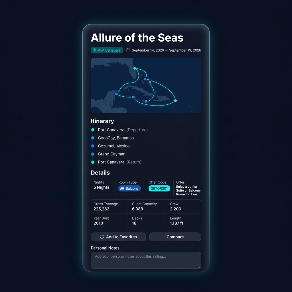 Expanded sailing detail showing route map, itinerary timeline, ship specifications, and personal notes